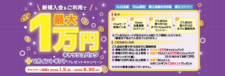 新規入会＆ご利用で最大1万円キャッシュバック＋Vポイントギフトプレゼントキャンペーン