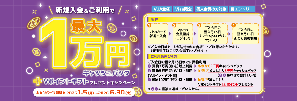 新規入会＆ご利用で最大1万円キャッシュバック＋Vポイントギフトプレゼントキャンペーン
